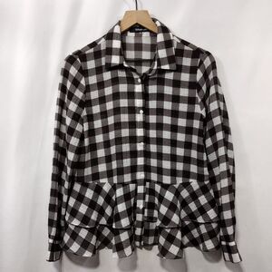 Sugar+Lips Plaid Babydoll Button Shirt Women's S Black White Boho Retro 90s Y2K